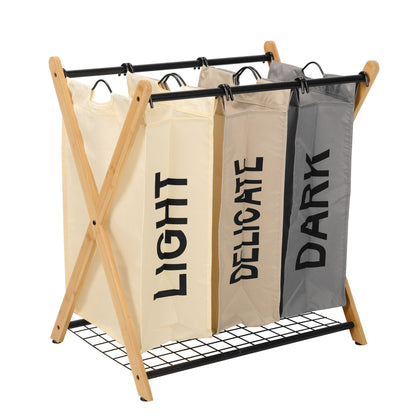 Stylish Bamboo Laundry Sorter with Three Compartment Bags - Homely