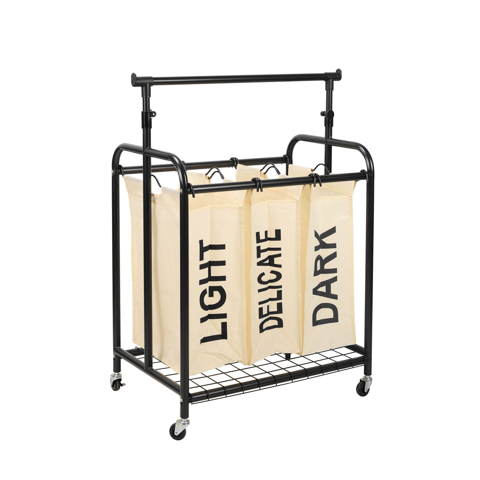 Oceanstar Rolling Laundry Sorter - 3-Bag White Organizer with Hanging Bar - Homely