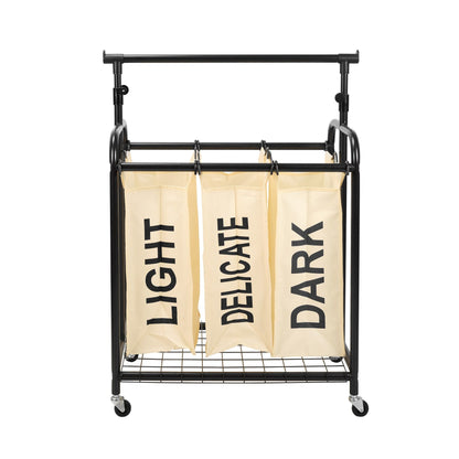 Oceanstar Rolling Laundry Sorter - 3-Bag White Organizer with Hanging Bar - Homely